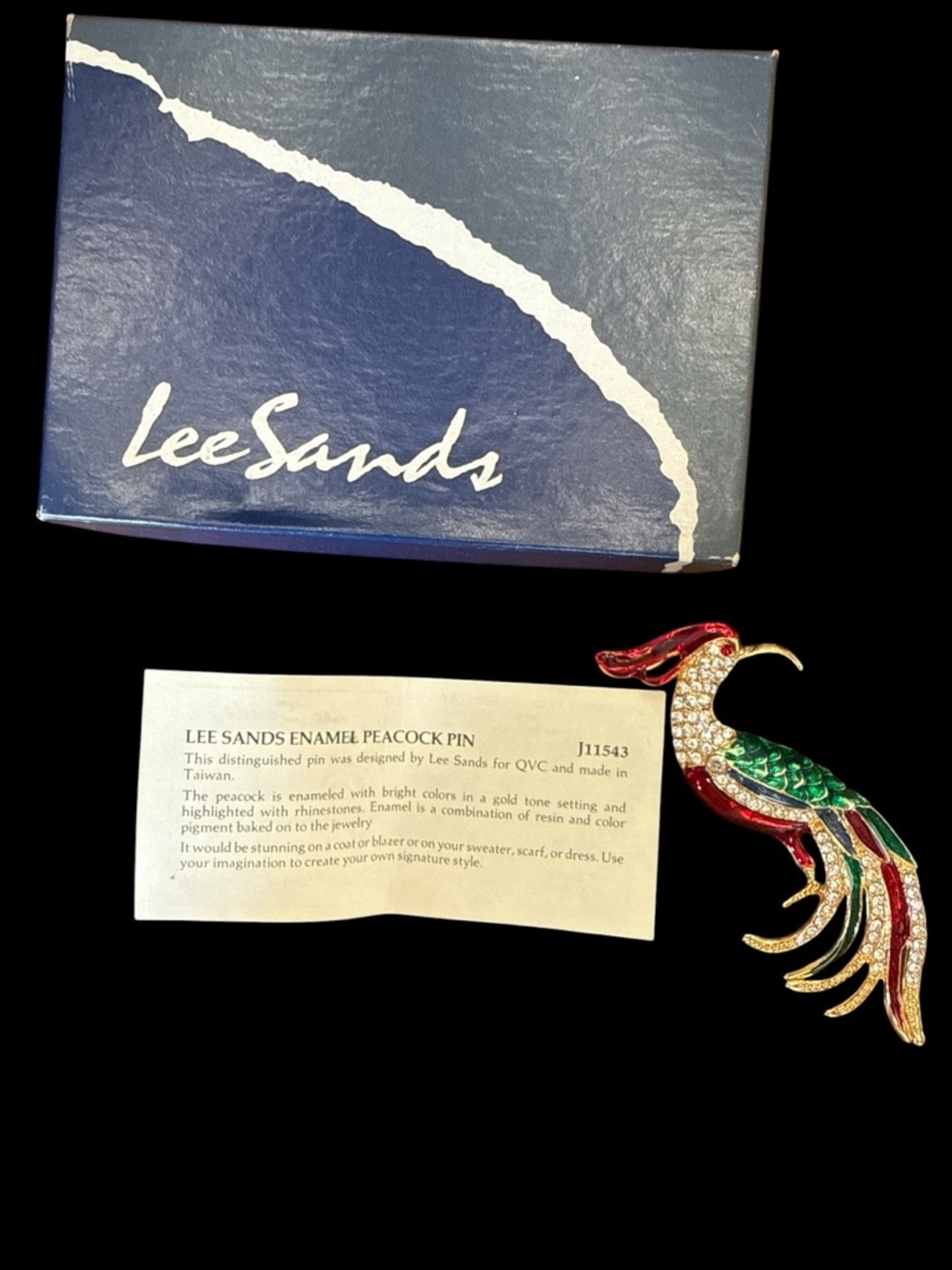 Vintage Lee Sands Enamel Rhinestone Peacock Bird of Paradise Brooch Pin - Picture 5 of 6